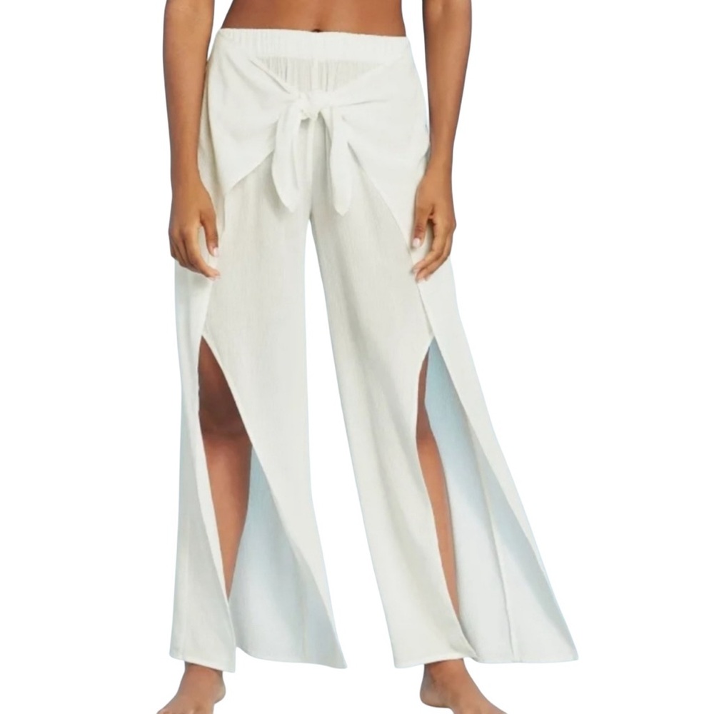 KONA SOL White Flowy Tie Waist Swim Beach Coverup Pants Split Legs Size M